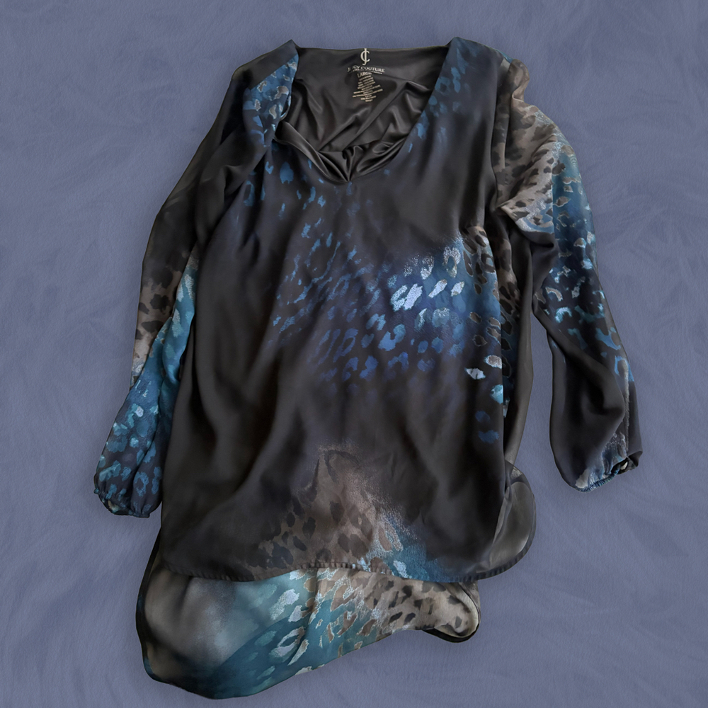 Juicy Couture Large Black Blue Animal Print Sheer Sleeve Tunic Blouse